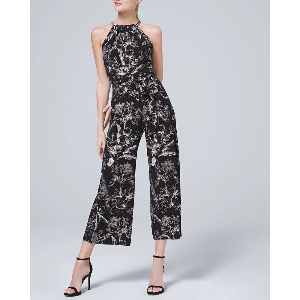 White House Black Market Black Floral Chain Halter Jumpsuit Size 4